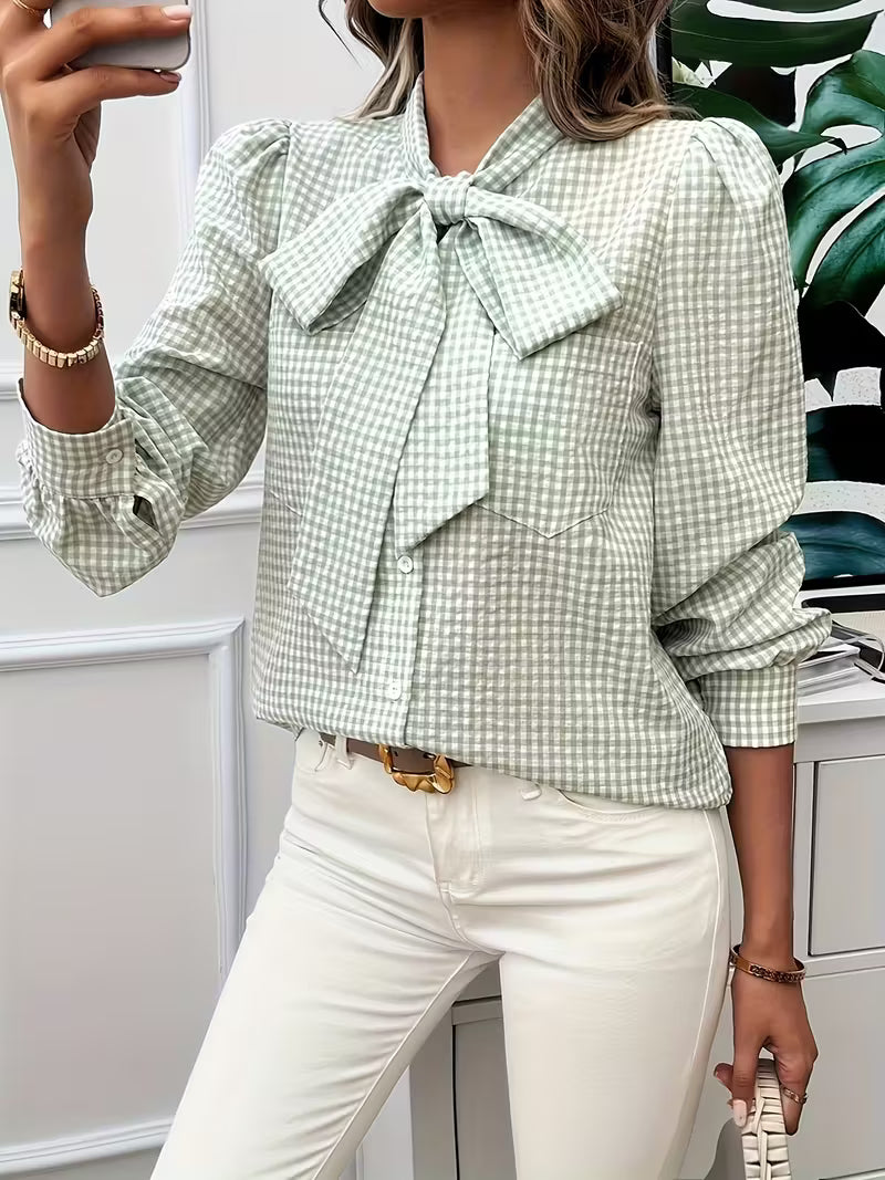 Kate's Boutique- Gingham Bow Tie Blouse