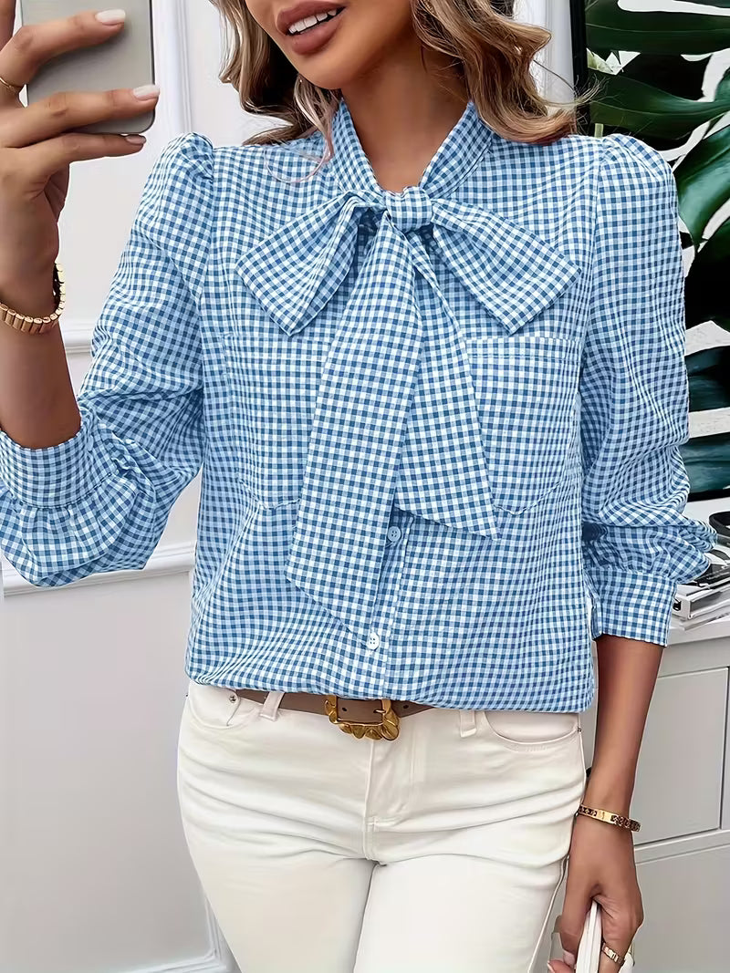 Kate's Boutique- Gingham Bow Tie Blouse