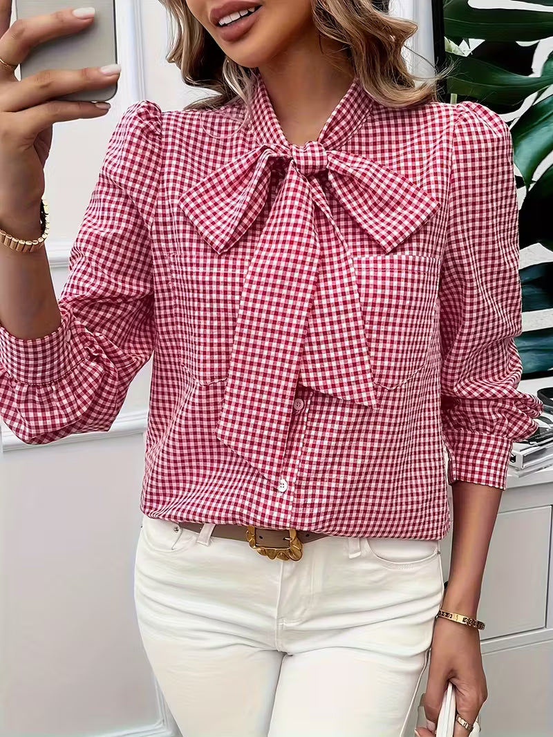 Kate's Boutique- Gingham Bow Tie Blouse