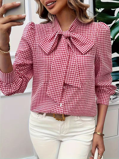 Kate's Boutique- Gingham Bow Tie Blouse