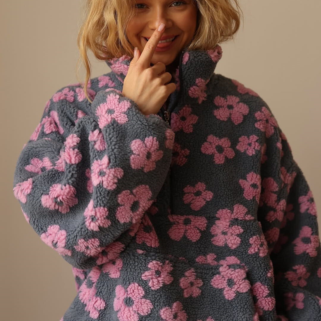 Kate's - Long Sleeve And Floral Print Fleece Sweater