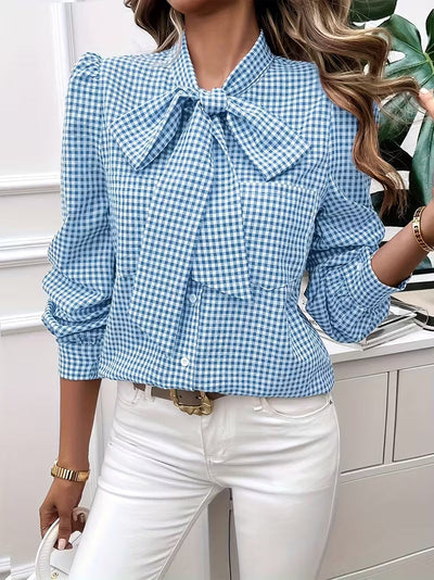 Kate's Boutique- Gingham Bow Tie Blouse