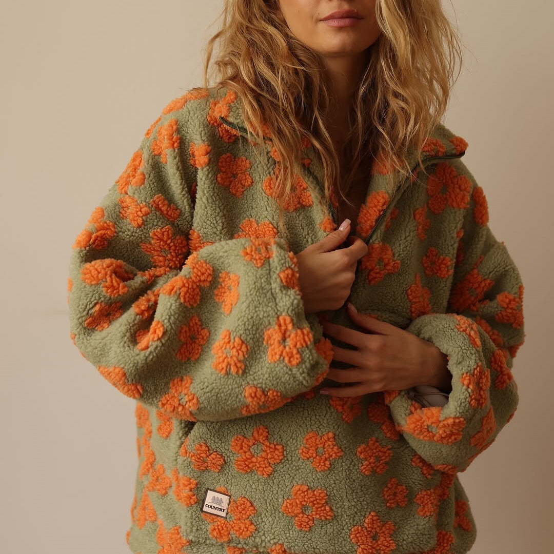 Kate's - Long Sleeve And Floral Print Fleece Sweater