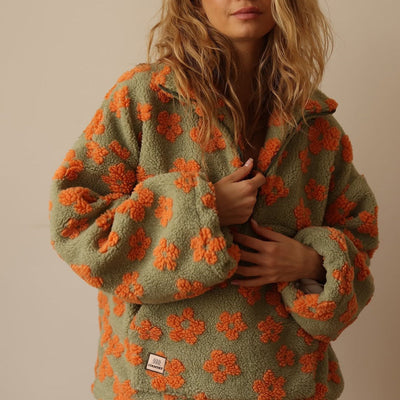 Kate's - Long Sleeve And Floral Print Fleece Sweater