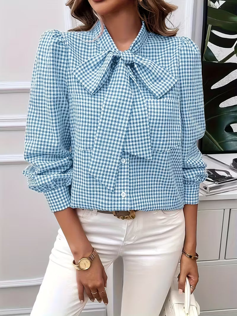 Kate's Boutique- Gingham Bow Tie Blouse