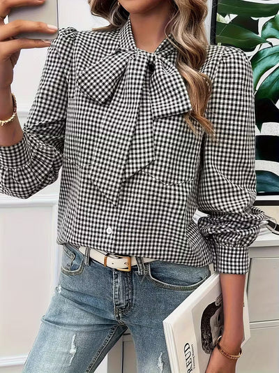 Kate's Boutique- Gingham Bow Tie Blouse