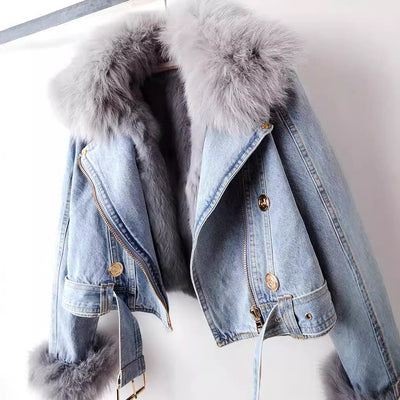 Kate Luxe Lined Fox Fur Denim Coat