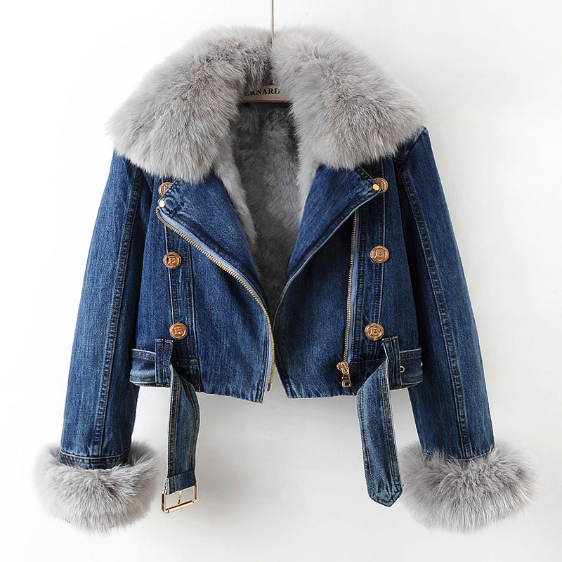 Kate Luxe Lined Fox Fur Denim Coat