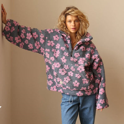Kate's - Long Sleeve And Floral Print Fleece Sweater