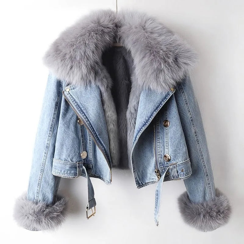 Kate Luxe Lined Fox Fur Denim Coat