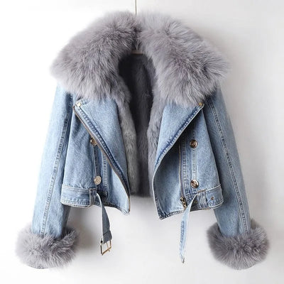 Kate Luxe Lined Fox Fur Denim Coat