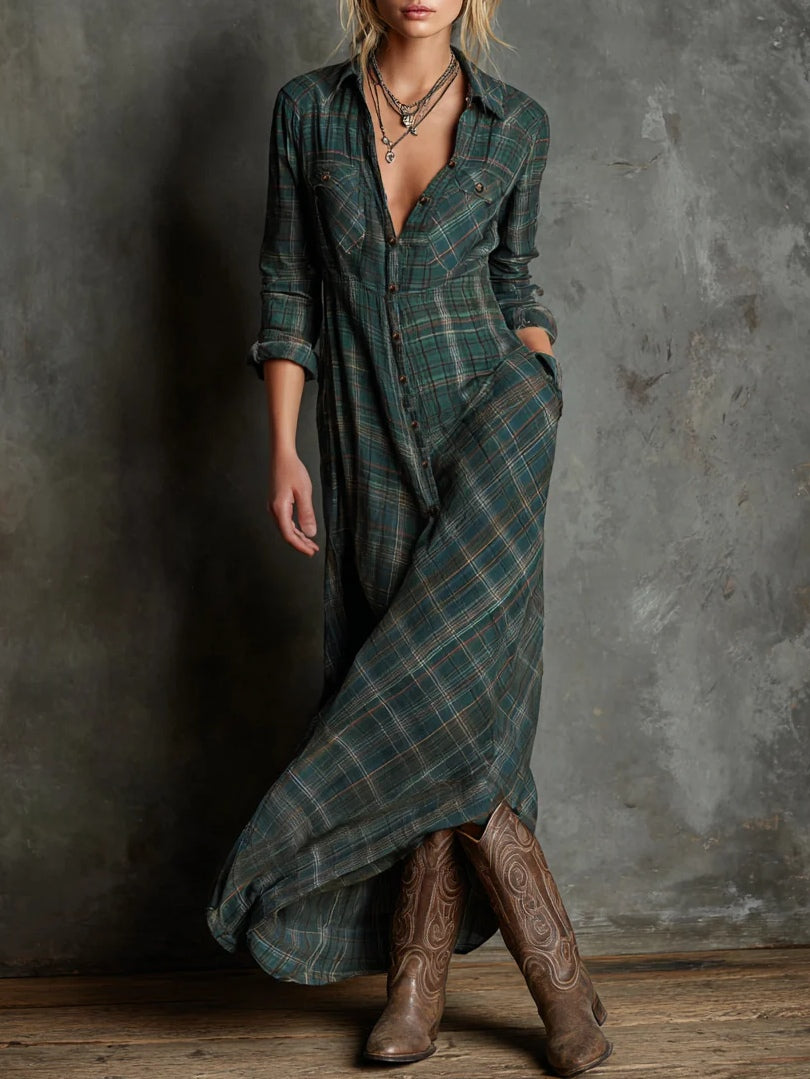 Kate's- Maxi Dress With Green Checked Lapels