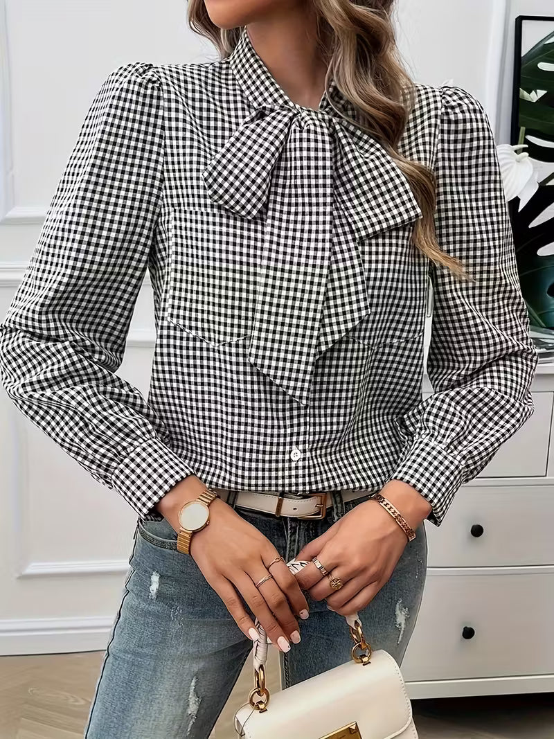 Kate's Boutique- Gingham Bow Tie Blouse